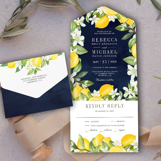 Rustic Citrus Lemon Orchard Navy Blue Wedding All In One Uitnodiging
