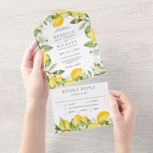 Rustic Citrus Lemon Orchard Wedding All In One Uitnodiging (Afscheurbaar)