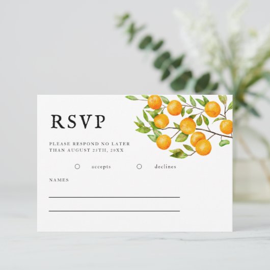 Rustic Citrus Oranje Summer Wedding RSVP Kaart (Staand voorkant)
