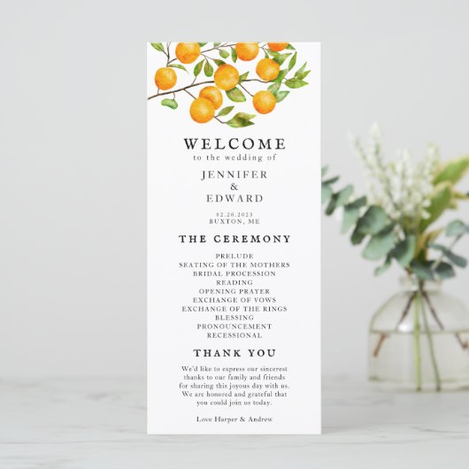 Rustic Citrus Sinaasappels Wedding Ceremony Progra Programmakaart (Staand voorkant)