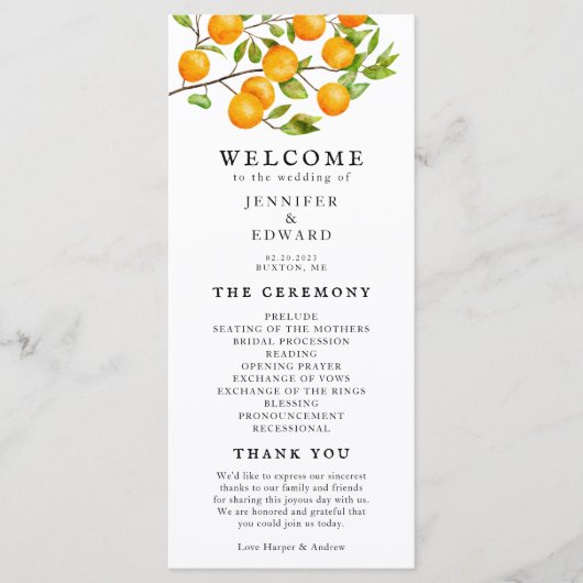 Rustic Citrus Sinaasappels Wedding Ceremony Progra Programmakaart (Voorkant)