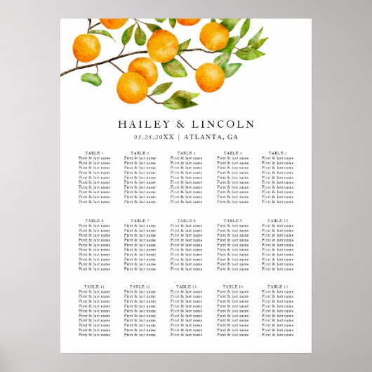 Rustic Citrus Summer Wedding Seating Chart Poster (Voorkant)