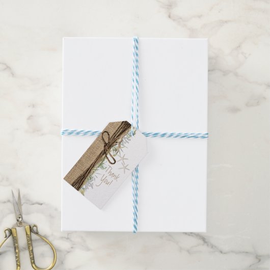 Rustic Coastal Beach Starfish Burlap & Greenery Cadeaulabel (Met Touw)