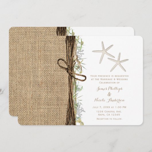 Rustic Coastal Beach Starfish Burlap & Greenery Kaart (Voorkant / Achterkant)