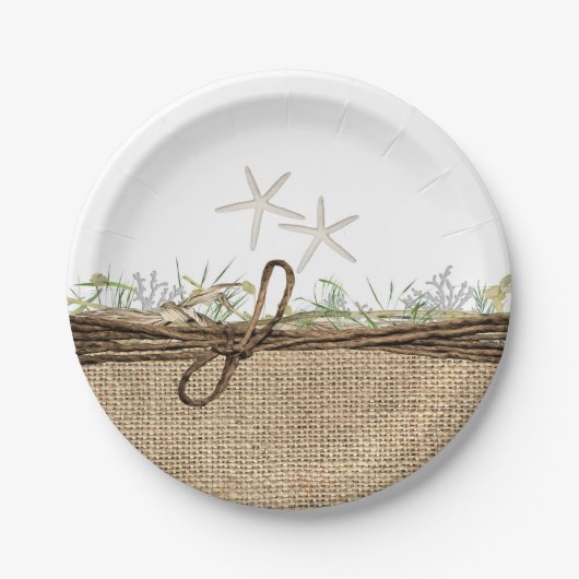 Rustic Coastal Beach Starfish Burlap & Greenery Papieren Bordje (Voorkant)