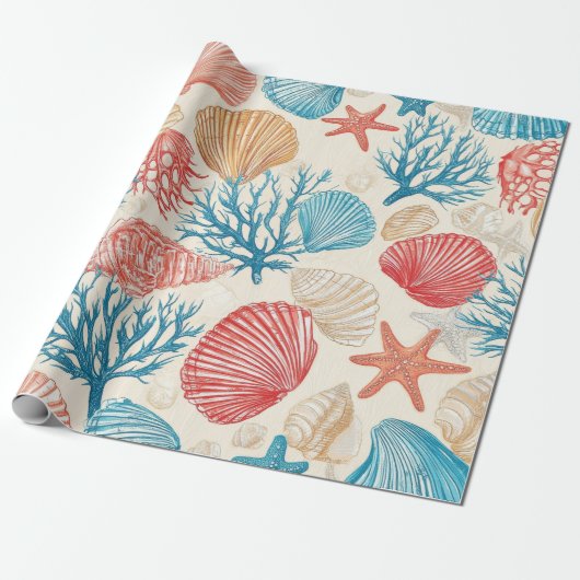 Rustic Coastal - Zeeschelpen, Zeesterren, Rif (7) Cadeaupapier (Uitgerold)