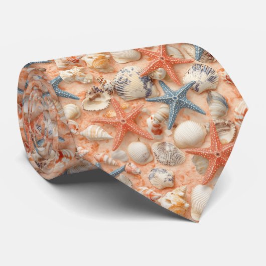 Rustic Coastal - Zeeschelpen, Zeesterren, Rif (8) Stropdas (Opgerold)