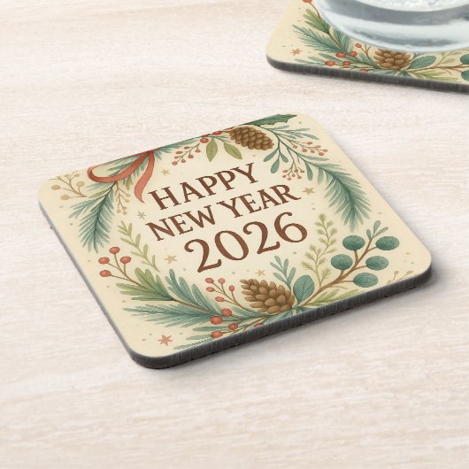 rustic coaster set for happy new year 2026 bier onderzetter (Linkerzijde)