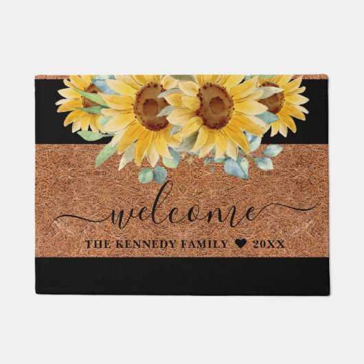 Rustic Coir Familienaam Sunflower Welkom Deurmat (Voorkant)