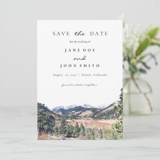 Rustic Colorado Mountains Weddenschap Save The Date (Staand voorkant)