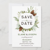 Rustic Conifer Pine cone bruiloft Opslaan Datum Aankondiging (Voorkant)