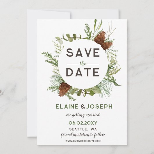 Rustic Conifer Pine cone bruiloft Opslaan Datum Aankondiging (Voorkant)