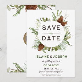 Rustic Conifer Pine cone bruiloft Opslaan Datum Aankondiging