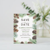 Rustic Conifer Pine cone bruiloft Opslaan Datum Aankondigingskaart (Staand voorkant)