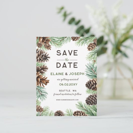 Rustic Conifer Pine cone bruiloft Opslaan Datum Aankondigingskaart (Staand voorkant)