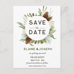 Rustic Conifer Pine cone bruiloft Opslaan Datum Aankondigingskaart