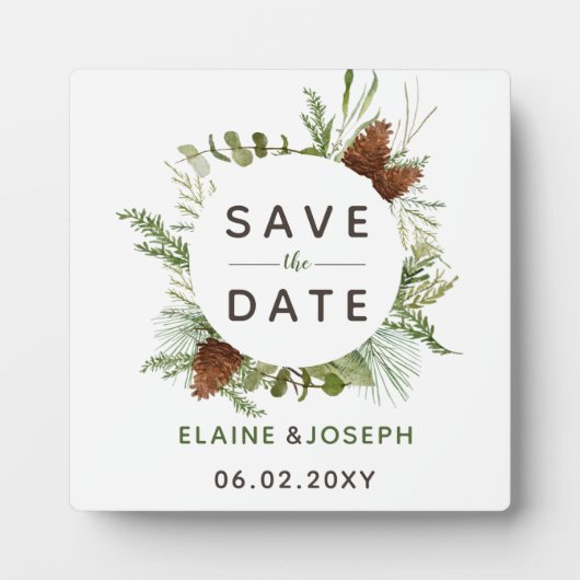 Rustic Conifer Pine cone bruiloft Opslaan Datum Fotoplaat (Voorkant)
