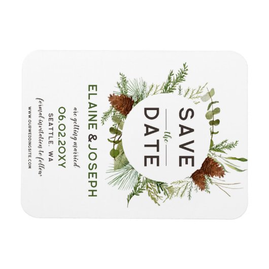 Rustic Conifer Pine cone bruiloft Opslaan Datum Magneet (Horizontaal)