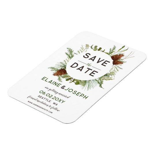 Rustic Conifer Pine cone bruiloft Opslaan Datum Magneet (Linkerzijde)