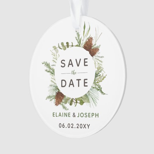 Rustic Conifer pine-kloon slaat de datumfoto op Ornament (voorkant)