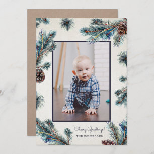 Rustic Conifer Waterverf Pinecones Foto Feestdagenkaart