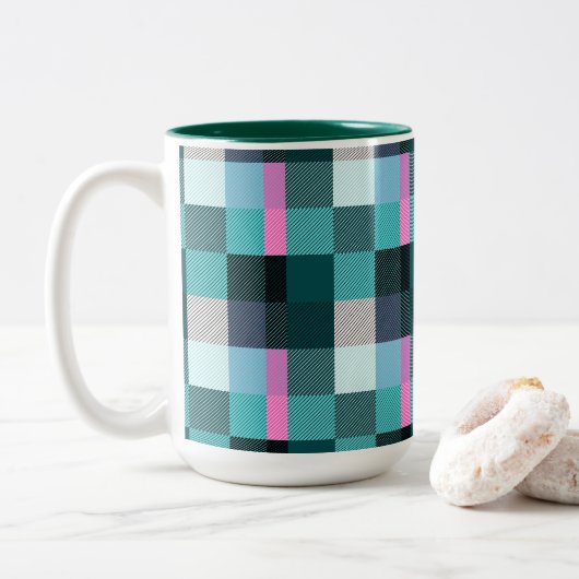 Rustic Contemporary Plaid Tweekleurige Koffiemok (Met donut)