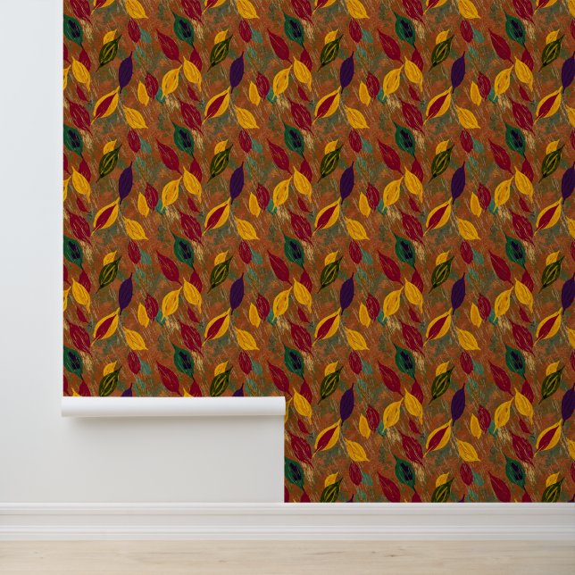 Rustic Copper Autumn Leaves Seamless Pattern  Behang (Applicatie)