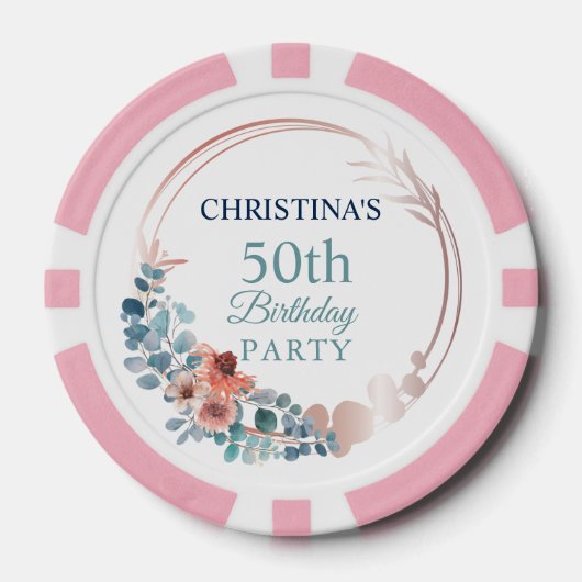 Rustic Copper Blue Floral 50th Birthday Party Poker Chips (Voorkant)