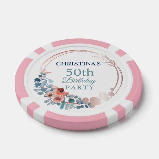 Rustic Copper Blue Floral 50th Birthday Party Poker Chips (Enkel)