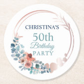 Rustic Copper Blue Floral 50th Birthday Party Ronde Kartonnen Onderzetter (Voorkant)