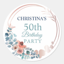 Rustic Copper Blue Floral 50th Birthday Party Ronde Sticker