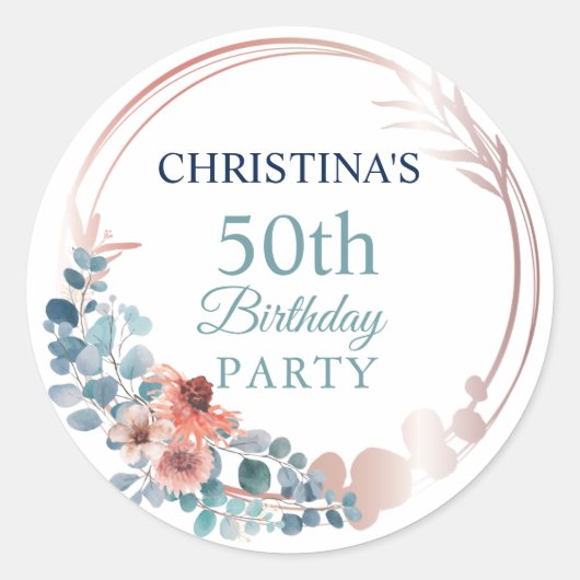 Rustic Copper Blue Floral 50th Birthday Party Ronde Sticker (Voorkant)