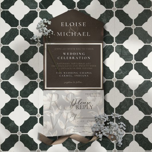 Rustic Copper Brown Wedding All In One Uitnodiging