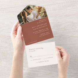Rustic Copper Photo Editorial Modern Wedding All In One Uitnodiging