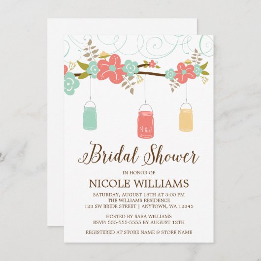 Rustic Coral Mint Mason Jar Branch Vrijgezellenfee Kaart (Voorkant / Achterkant)