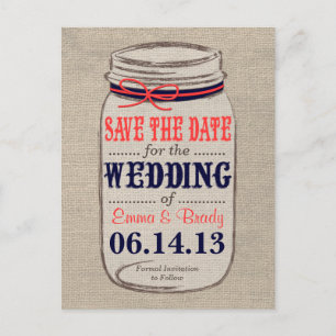 Rustic Coral & Navy Mason Jar Bewaar de datum Aankondigingskaart