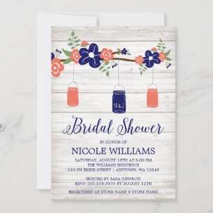 Rustic Coral Navy Mason Jar Branch Vrijgezellenfee Kaart