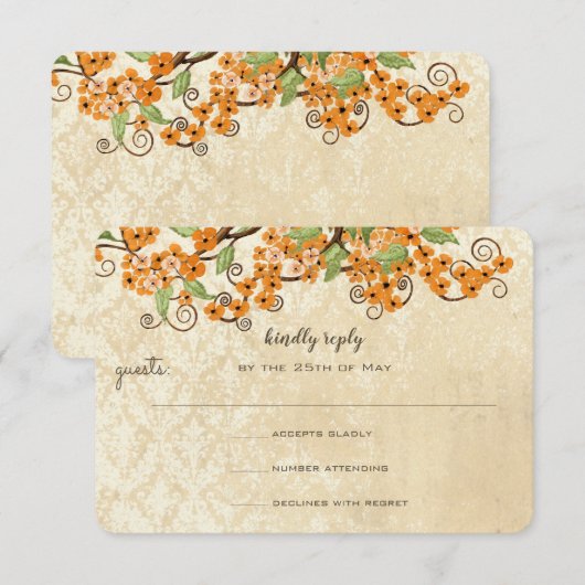 Rustic Coral Oranje Spring Blossom Wedding RSVP (Voorkant / Achterkant)