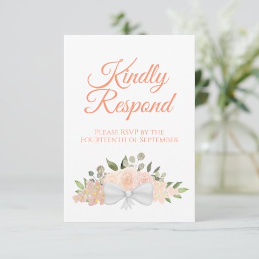Rustic Coral Peach Floral Bouquet Wedding RSVP Kaartje (Staand voorkant)