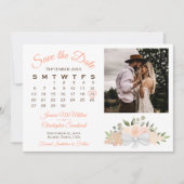 Rustic Coral Peach Floral Calendar & Photo Wedding Save The Date (Voorkant)
