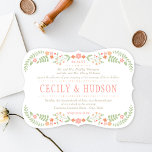 Rustic Coral Pink en Green Floral Wedding Kaart<br><div class="desc">De uitnodigingen van de Robuuste tskies van de trouwerij zijn voorzien van een symmetrisch lijst van  perzik,  een wazige roze,  koraal en nectarine oranje bloemen en zachte groene botanische bladeren met een handgetekende look die het ontwerp lijsten,  en een achtergrond met een subtiel en elegant geweven uiterlijk.</div>