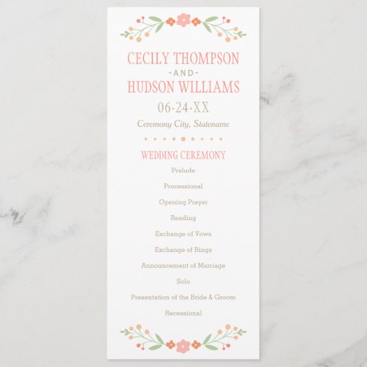 Rustic Coral Pink en Green Floral Wedding Programmakaart (Voorkant)