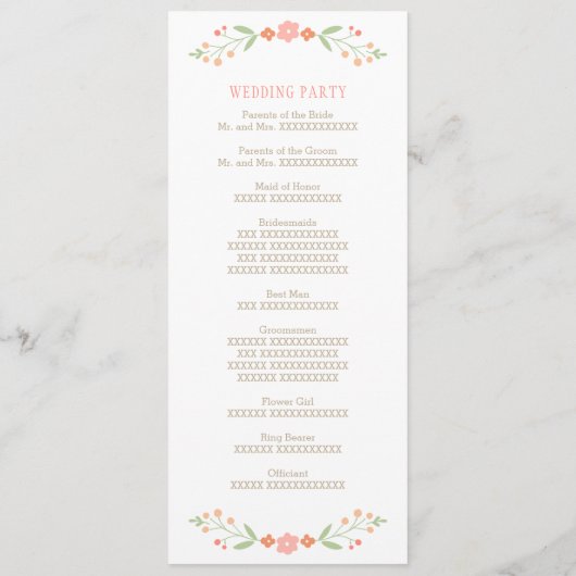 Rustic Coral Pink en Green Floral Wedding Programmakaart (Achterkant)