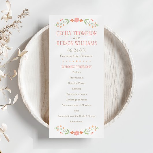 Rustic Coral Pink en Green Floral Wedding Programmakaart