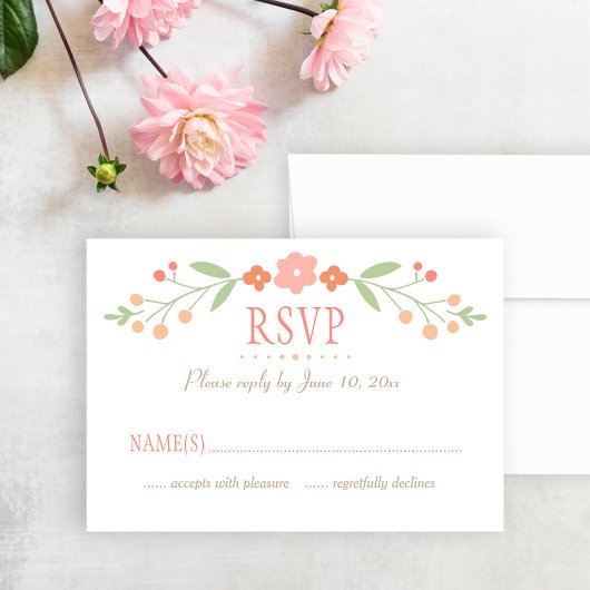 Rustic Coral Pink en Green Floral Wedding RSVP Kaartje