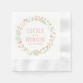 Rustic Coral Pink en Green Floral Wreath Wedding Servetten (Voorkant)