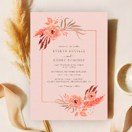 Rustic Coral Pink Floral Terracotta Wedding Kaart