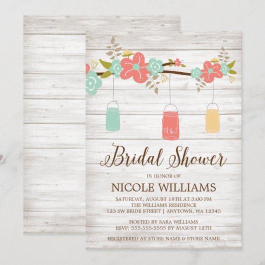 Rustic Coral Wood Mason Jar Branch Vrijgezellenfee Kaart (Voorkant / Achterkant)