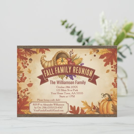 Rustic Cornucopia Herfst reünie uitnodiging (Staand voorkant)