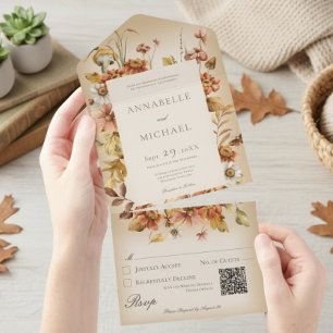 Rustic Cottage Core Herfst Wildflowers Tan QR Code All In One Uitnodiging